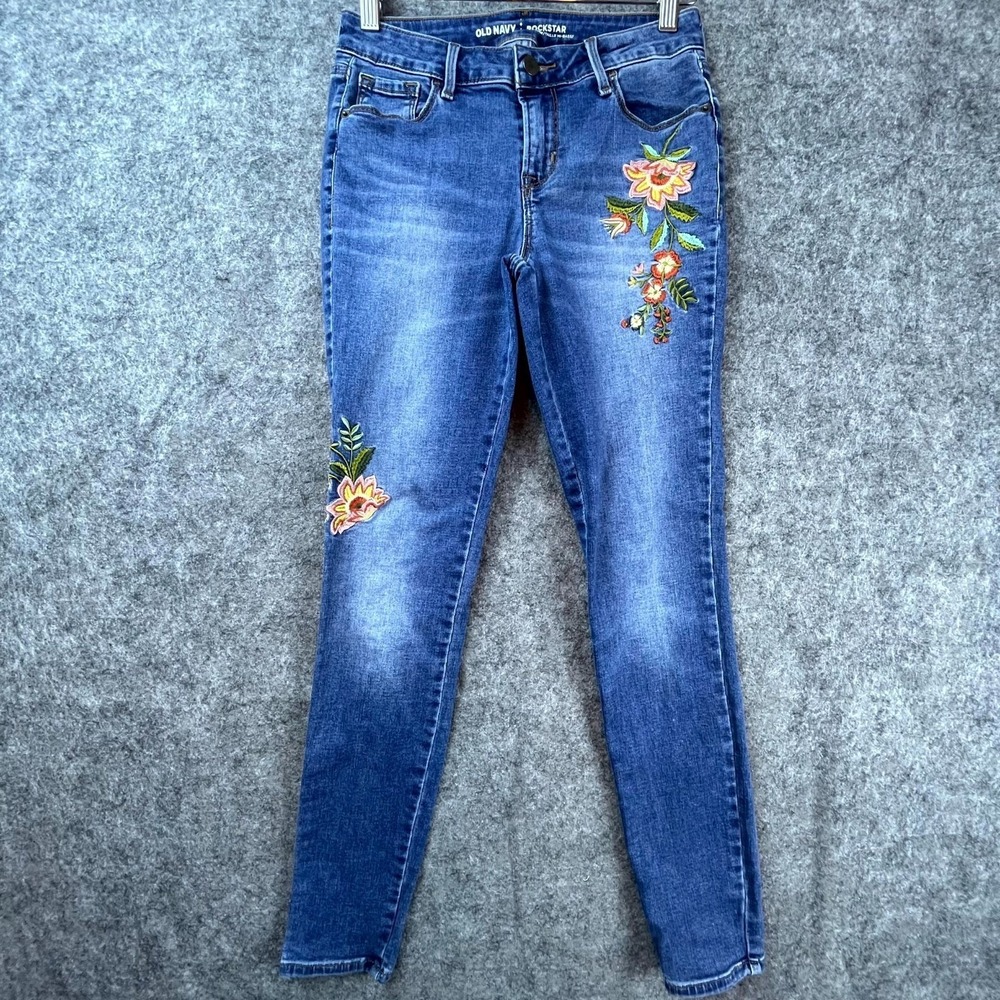 Old Navy Rockstar Jeans Womens 2 Blue Denim Y2K Skinny Embroider Floral Mid Rise